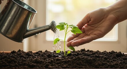 Nurturing new life with gentle watering, symbolizing growth and care for the environment, a fresh start, and a hopeful future for sustainability