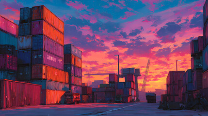 Fototapeta premium Stacks of shipping containers at sunset or sunrise with cranes visible in the distance