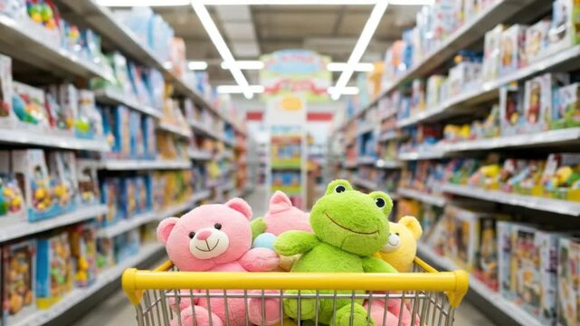 Shopping cart filled with plush toys in a toy store