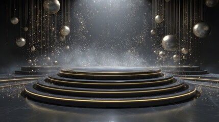 Elegant Black Stage with Bronze Floral Backdrop for Premium Products