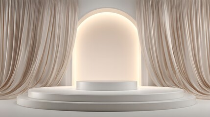 Elegant Curved Pedestal under Arch Backdrop with Soft Lighting