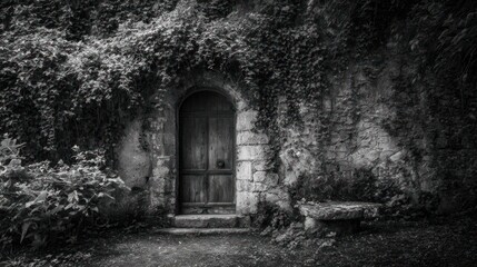 Old stone door in lush foliage, leading to unknown space. Monochromatic, stone bench
