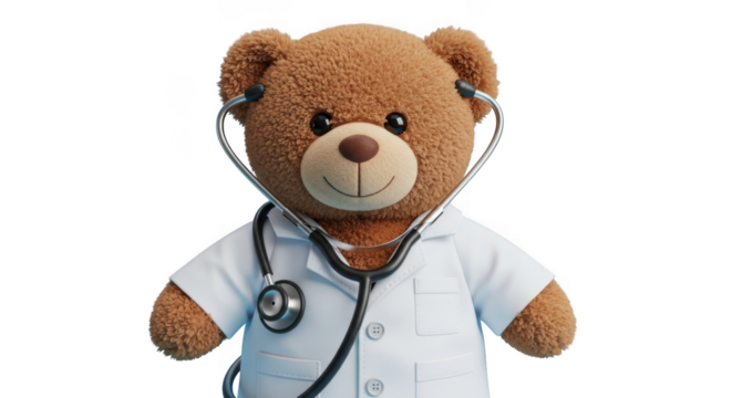 Cute teddy bear doctor wearing stethoscope and white coat ready for medical care