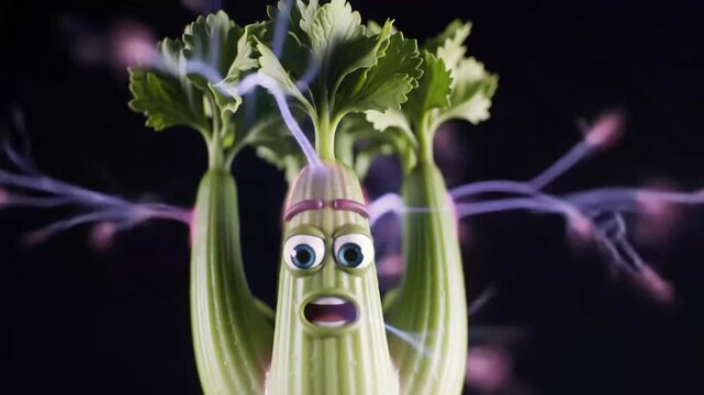 Animated celery character with electricity