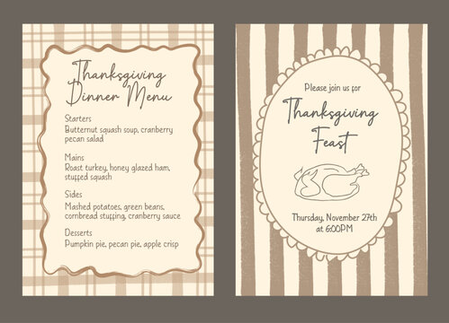 Whimsical thanksgiving dinner menu template on plaid patterned background and festive thanksgiving feast with doodle roasted turkey on striped background. Seasonal autumn holiday party design. Vector.