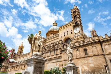 Naklejka premium View of streets of Palermo, citylife, ancient baroque churches, old narrow streets, Norman palaces, markets, Sicilian vacation destination, South of Italy