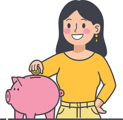 flat illustration of woman saving her money into piggy bank