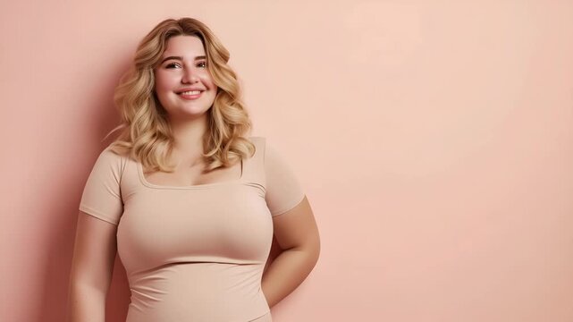 Body positivity, happy cute smiling plus size model blonde in flesh color underwear on pink background, copy space for text	