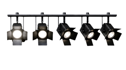 Row of modern track lighting fixtures with one spotlight illuminated isolated on transparent background