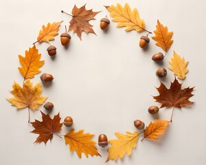 Autumn Maple and Oak Leaves with Acorns Arranged in a Circle on a Light Gray Background with Copy Space
