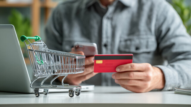 A close-up shot of a person making a digital payment for online shopping. They hold a red credit card and a smartphone near a laptop, with a miniature shopping cart in the foreground