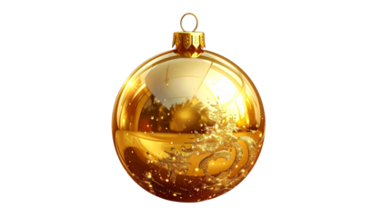 A shiny gold Christmas ball ornament, a festive holiday decoration for the winter season, is isolated on a white background