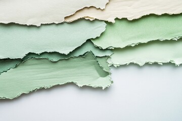 Fototapeta premium Layered pieces of torn paper in muted greens and creams create a serene and textured design.