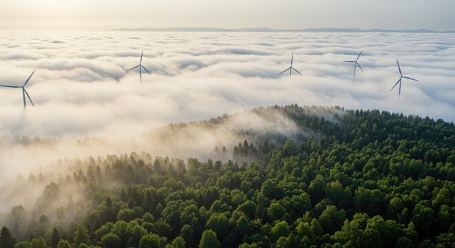 Breathtaking aerial view of wind turbines emerging from clouds above lush forest, offering a serene and sustainable energy concept for green initiatives