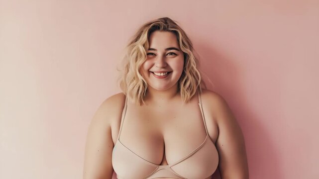 Body positivity, happy cute smiling plus size model blonde in flesh color underwear on pink background, copy space for text