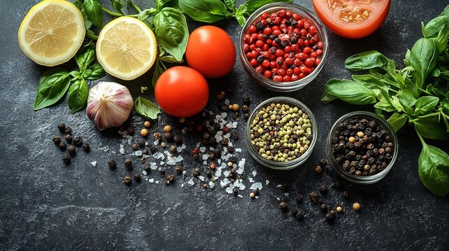 Natural foods, lemon, and black pepper arranged on a table, viewed from above, showcasing the raw beauty of ingredients for food blogs or packaging design.