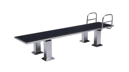 A diving board with metal supports and railings isolated on transparent background