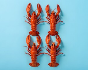 Four Bright Red Lobsters Lined Up Vertically on a Vibrant Blue Background seafood shellfish