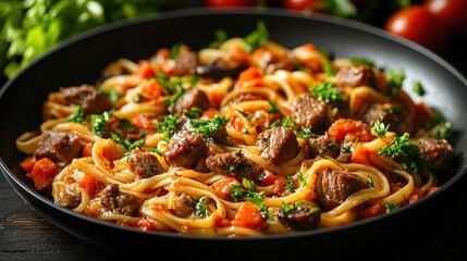 Fettuccine with brown meat sauce in a pan, ready to be served on a dark wooden table background, showcasing the warmth of home cooking.