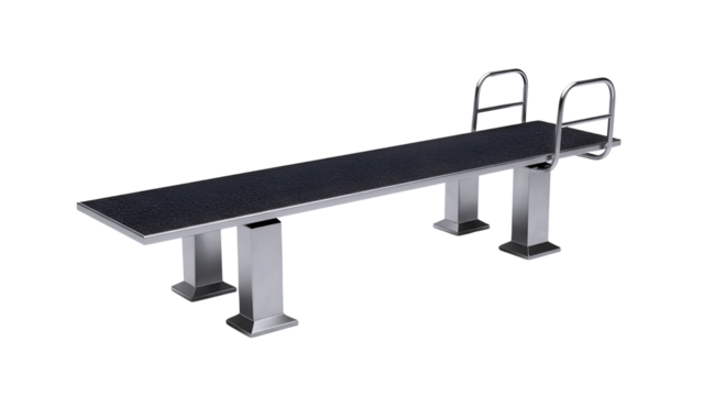 A diving board with metal supports and railings isolated on transparent background