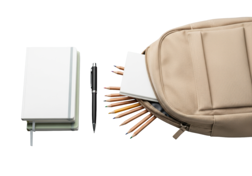 Unzipped beige canvas backpack, minimalist notebooks, black pen, fanned colored pencils on transparent, soft studio light, professional product display concept