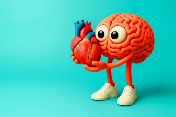 Cute cartoon brain character in sneakers holding realistic human heart on turquoise background, symbol of mind and emotions