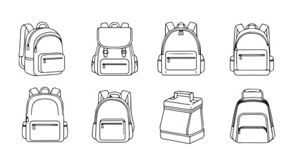 Collection of diverse backpack styles hand-drawn sketch set school travel outdoor gear vector