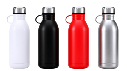 Four colorful reusable water bottles isolated on transparent background