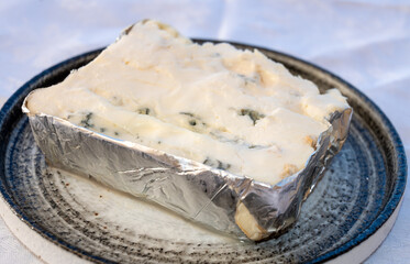 Italian food, buttery or firm blue cheese made from cow milk in Gorgonzola, Milan, Italy close up