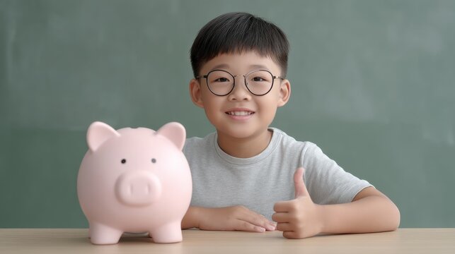 Young boy showing thumbs up next to piggy bank promoting savings, financial education and responsible money management for children and young learners