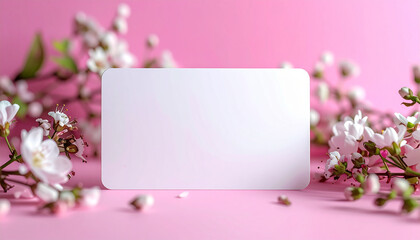 White plastic card with rounded corners framed by flowers, pink blurred backdrop, product display