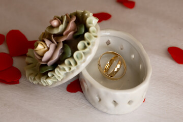 Porcelain Wedding Anniversary. Gold Wedding Rings on Porcelain Dish &ndash; Porcelain Anniversary