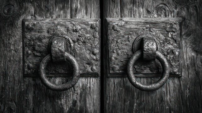 Close-up of old wooden doors with rusty metal ring handles in a dark monotone