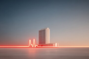 Isolated modern office building with a heartbeat diagram icon, symbolizing health, wellness, and medical monitoring.