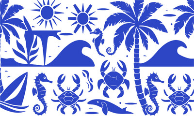 A vibrant and clean vector illustration inspired by a tropical beach lifestyle,surf-themed elements such as palm trees, pineapples, waves, sunbursts, surfboards, marine life, easily editable.