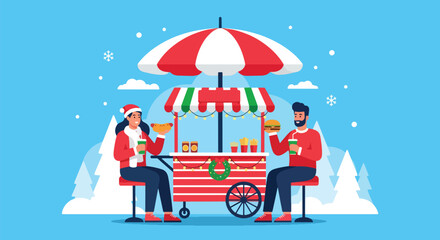 Adobe illustrator artwork vector illustration: Happy couple enjoys festive hot dogs and burgers at a decorated Christmas market food stall, perfect for holiday season, winter celebrations, and street 