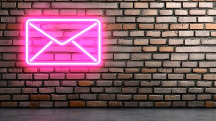 Pink Neon Envelope Icon On Brick Wall
