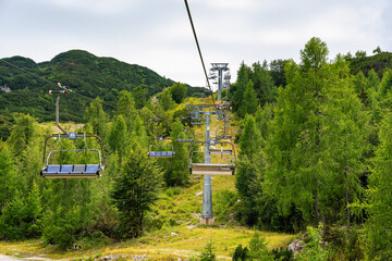 Vogel resort chairlift in summer used for tourists out of season, Slovenia.