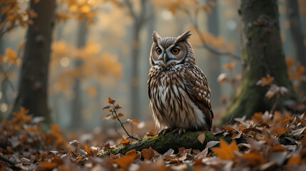 Tawny owl ( Strix aluco ) sitiing in autumn forest