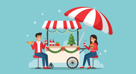 Adobe illustrator artwork vector illustration: Happy couple enjoys festive hot dogs and burgers at a decorated Christmas market food stall, perfect for holiday season, winter celebrations, and street 