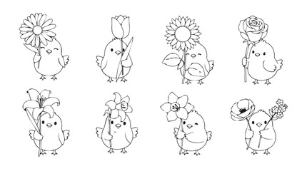 Adorable hand-drawn sketched characters featuring cute animals holding flowers and whimsical elements vector
