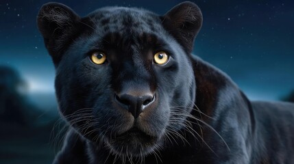 Black panther staring with bright yellow eyes concept. Close-up of a majestic black panther under a starlit sky.