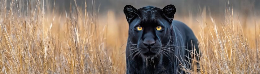 Black panther staring with bright yellow eyes concept. A majestic black panther gazing through tall golden grass.