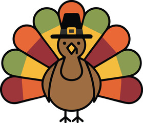 Thanksgiving turkey icon wearing a pilgrim hat, flat design style.
