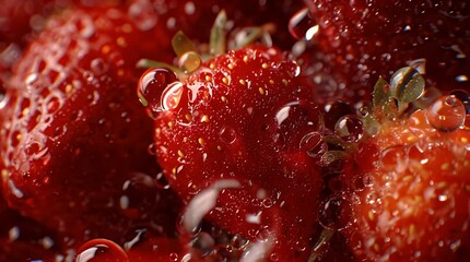 Macro shot of fresh strawberries glistening with water droplets, highlighting their vibrant red color and texture - Powered by Adobe