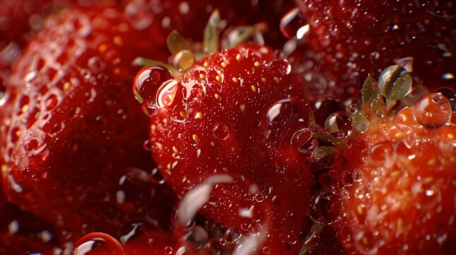 Macro shot of fresh strawberries glistening with water droplets, highlighting their vibrant red color and texture