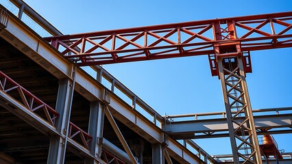Industrial steel structure with geometric patterns, highlighting construction progress under clear skies.