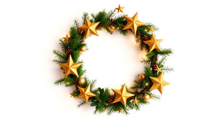 Christmas wreath decorated with golden stars isolated on white background