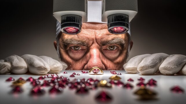 Jeweler’s Scrutiny: A close-up scene of a jeweler examining a precious gem under a high-powered microscope, with meticulous focus, and the careful handling of valuable objects. - Powered by Adobe