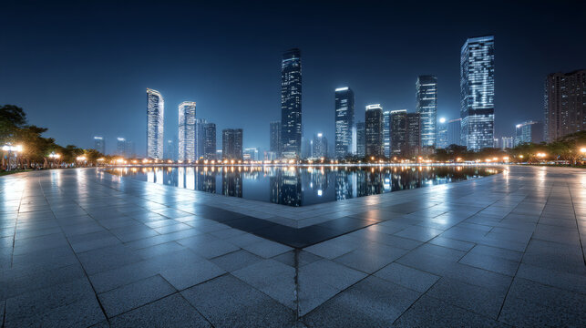 Night Cityscape Reflecting in Urban Pond